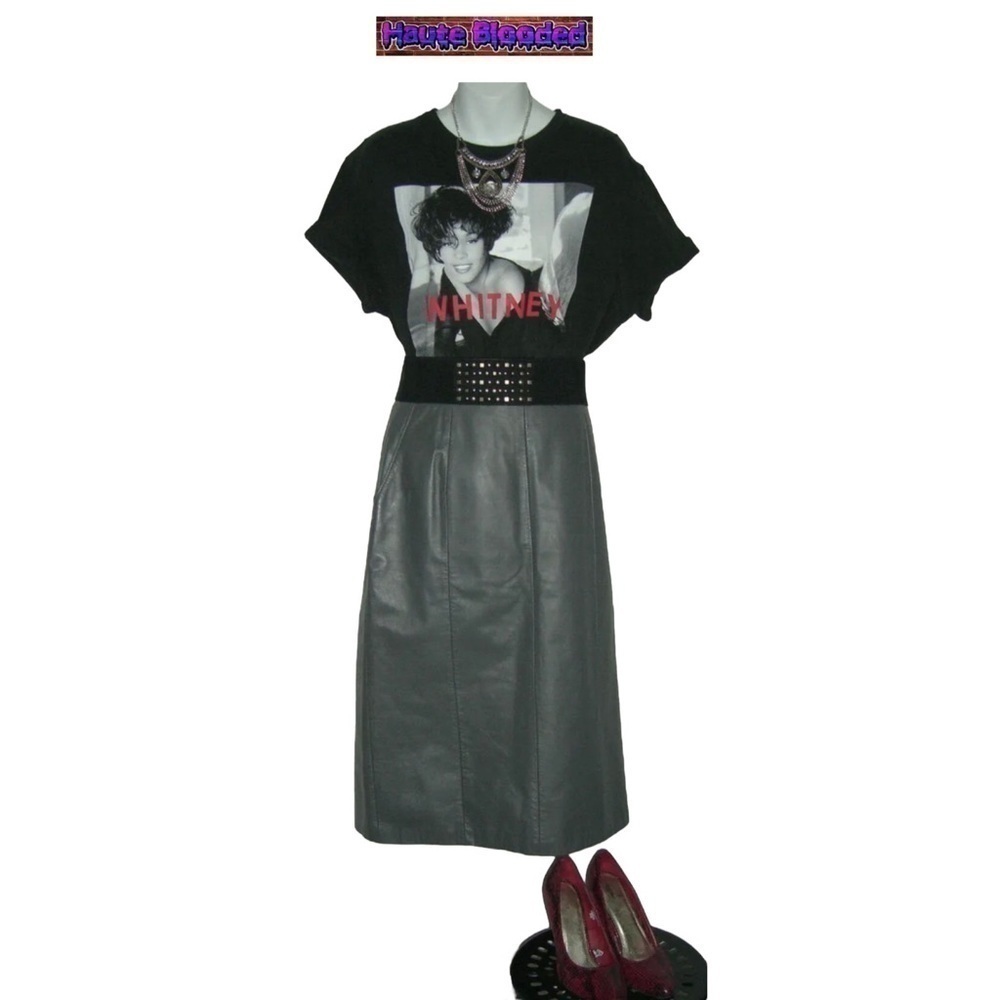 Vintage 90's Reed Sportswear Gray Leather High Waist Pencil Skirt Pockets Retro